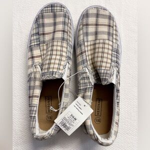 Merona Beige and Blue Plaid Canvas Slip-Ons Men’s Plaid Shoes